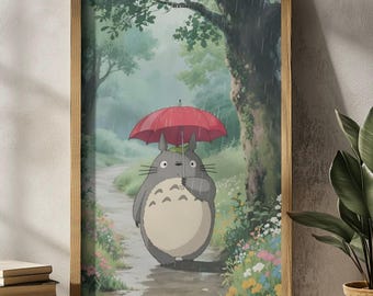 Totoro Rain – Cozy Anime Poster, Rainy Forest Wall Art, Studio Ghibli Aesthetic Print, Whimsical Nature Decor