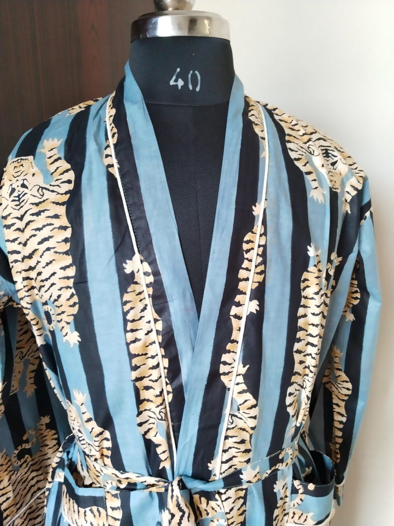 Hand Block Print Cotton Robe, Tiger Kimono, Lightweight Boho Loungewear ...