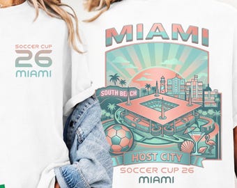 Camiseta con el horizonte del estadio de fútbol de Miami, diseño retro para el día del partido en Florida, ciudad anfitriona.