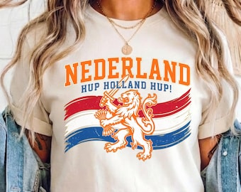 Netherlands Soccer Fan T-Shirt with Dutch Lion, Hup Holland Hup Flag Design Tee