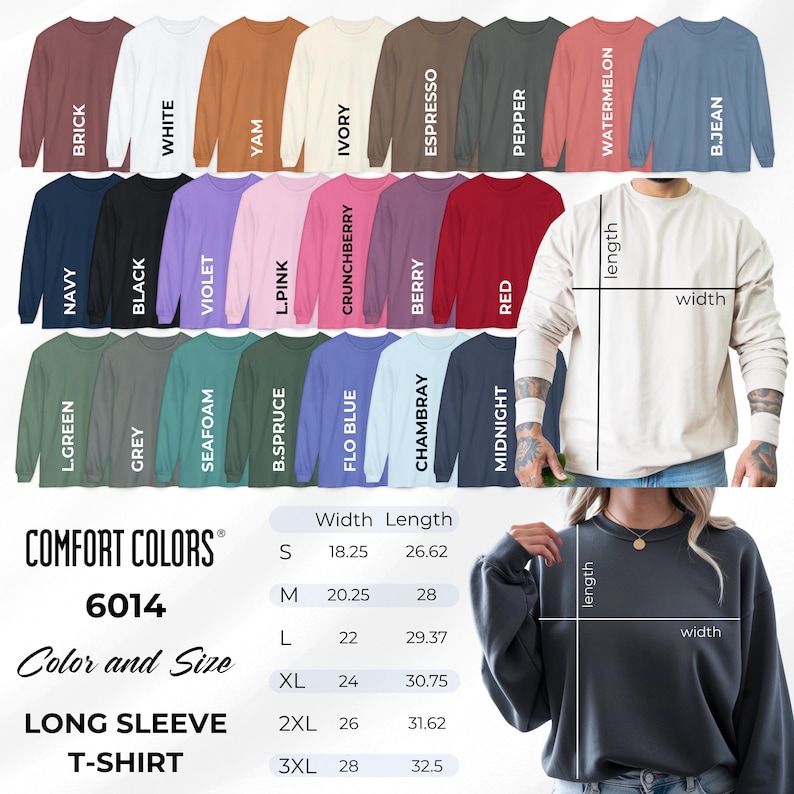 Comfort Colors 1717 Unisex Long Sleeve Shirt Color and Size Chart