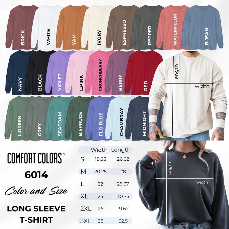 Comfort Colors 1717 Unisex Long Sleeve Shirt Color and Size Chart