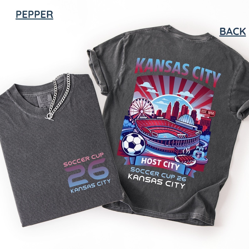 A pepper back print shirt the front features a minimal "SOCCER CUP 26 KANSAS CITY" logo.
