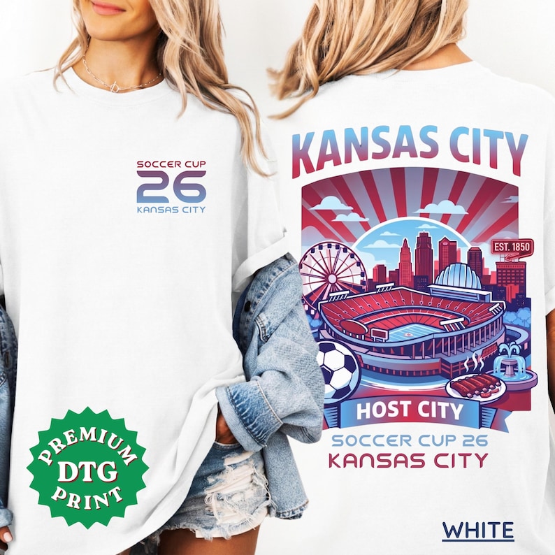 A white back print shirt the front features a minimal "SOCCER CUP 26 KANSAS CITY" logo.