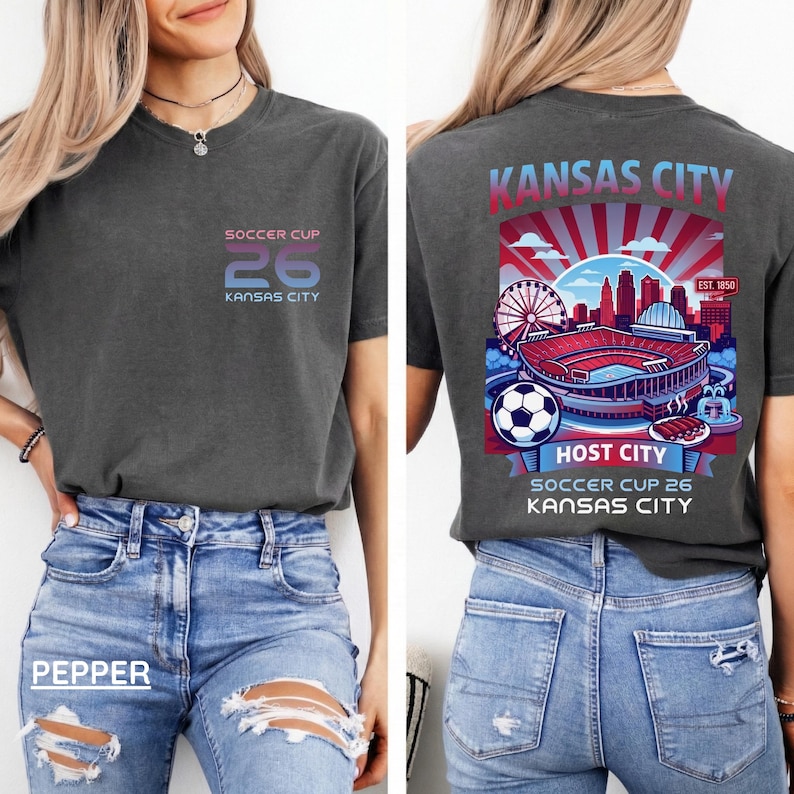 A pepper back print shirt the front features a minimal "SOCCER CUP 26 KANSAS CITY" logo.
