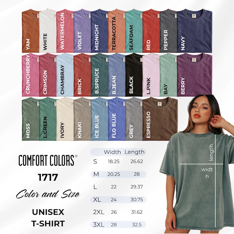 Comfort Colors 1717 Unisex T-Shirt Color and Size Chart