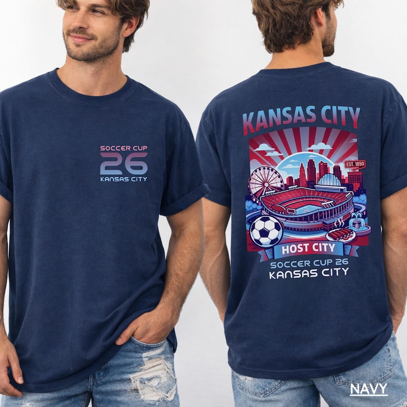 A navy back print shirt the front features a minimal "SOCCER CUP 26 KANSAS CITY" logo.