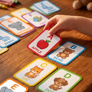 Op de afbeelding: Een set rechthoekige educatieve alfabetkaarten met afgeronde hoeken, elk voorzien van een letter, een bijbehorende illustratie van een dier of object en de naam in zwarte tekst op een witte achtergrond met gekleurde randen.