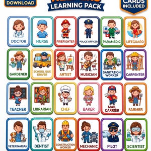 Puede incluir: Un paquete de aprendizaje digital con 24 tarjetas didácticas coloridas de trabajadores comunitarios, incluyendo médico, enfermero, bombero, policía, paramédico, salvavidas, jardinero, conductor de autobús, artista, músico, basurero, carpintero, maestro, bibliotecario, chef, panadero, cartero, granjero, veterinario, dentista, obrero, mecánico, piloto y científico.