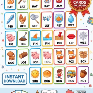 May include: A set of 36 educational flashcards featuring colorful illustrations of objects and animals with corresponding text labels like cat, bat, hat, rat, jam, pen, hen, net, jet, pet, wet, pig, dig, fin, pin, lip, web, dog, log, hog, fox, box, sun, bun, run, bus, and nut.