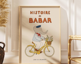 Poster di Babar in bicicletta, decorazione murale con elefante, arredamento vintage per la cameretta, decorazioni per la stanza dei bambini, illustrazione di un libro di fiabe francese, arte per la cameretta dei neonati