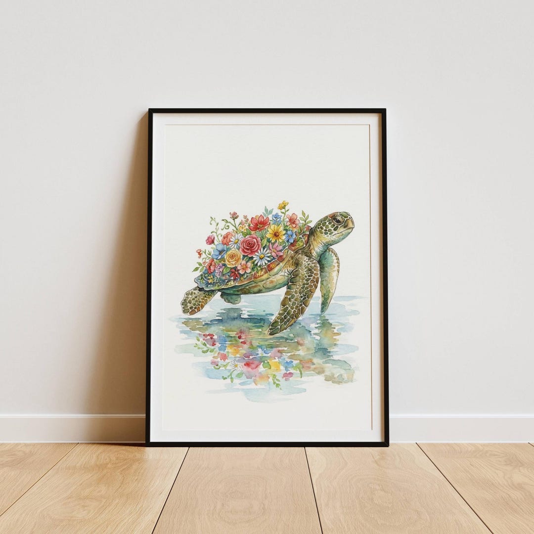 Floral Sea Turtle Watercolor Print, Botanical Ocean Art, Coastal Decor ...