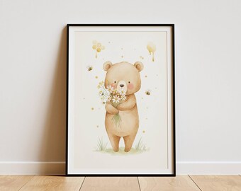 Teddy Bear Nursery Wall Art, Watercolor Woodland Animal Print, Bee Honey Theme Decor, Neutral Baby Room Poster, Cute Floral Artwork