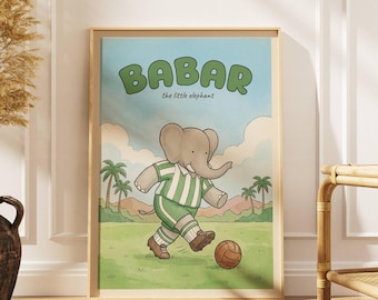 Poster di Babar Soccer, quadro vintage francese con elefante, decorazione per la cameretta dei bambini, stampa con illustrazione di un libro di fiabe, arte per la stanza dei neonati.