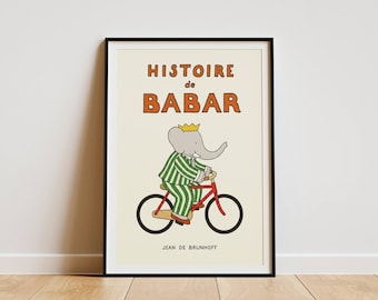 Poster di Babar in bicicletta, stampa vintage di Histoire de Babar, decorazione murale per la cameretta dei bambini con elefanti, illustrazione di un libro di fiabe francese