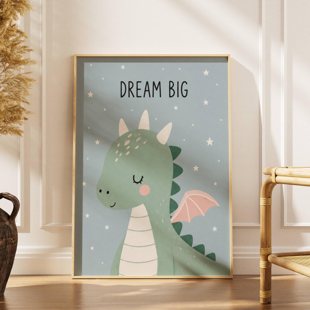Cute Dragon Nursery Wall Art Print, Dream Big Kids Room Decor, Baby Boy ...