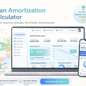 Pode incluir: Um laptop e um smartphone exibem uma interface de calculadora de amortização de empréstimo. A tela mostra detalhes do empréstimo, incluindo um valor de 276.000 €, 6,125% de juros e um prazo de 30 anos. A interface inclui opções para comparar planos.