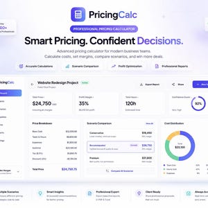 May include: A digital interface for PricingCalc, a professional pricing calculator. The dashboard displays a Website Redesign Project with a total price of $24,750, a 35% profit margin, and 120 hours. It includes scenario comparisons and cost distribution charts.