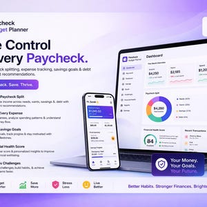 May include: A laptop and smartphone displaying a financial app interface. The app, called "Paycheck Budget Planner," shows budget tracking, expense analysis, and savings goals. The interface is clean with charts and financial data. The image also includes the text "Take Control of Every Paycheck."