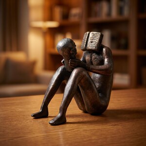 May include: Bronze sculpture of two figures. One figure, seated with legs crossed, holds another figure's head. The second figure has a book for a head. The sculpture is on a wooden surface.