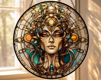 Steampunk Mechanical Girl Glass Suncatcher, Victorian Aesthetic Stained Glass Style Window Hanging, Industrial Art Gift for Machinery Lover