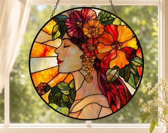 Floral Woman Glass Suncatcher, Girls Floral Stained Glass Window Hanging, Art Nouveau Lady Suncatcher, Cottagecore Gift for Flower Lovers