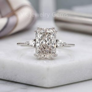 2CT Radiant Cut Lab Grown Diamond Three Stone Engagement Ring, Rectangular Diamond Ring, Gold Bridal Ring, Unique Promise Ring