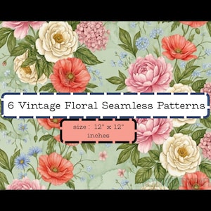 Peut inclure: Six motifs floraux vintage sans couture. Le design présente des pivoines, des coquelicots et des hortensias roses, rouges et crème, sur fond vert clair. Les motifs mesurent 30,48 cm x 30,48 cm.