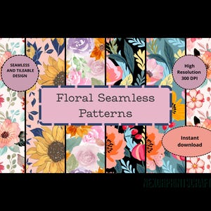 Peut inclure: Présentation numérique de motifs floraux sans couture. Les motifs présentent diverses fleurs, dont des tournesols et des roses, dans un style aquarelle. L'image comprend le texte "Floral Seamless Patterns", "Seamless and Tileable Design" et "Instant download".