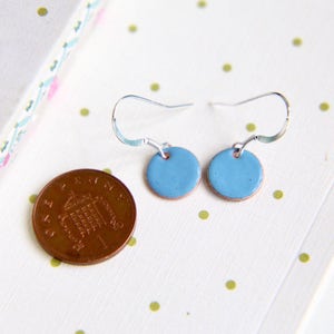 Sky Blue enamel earrings & sterling silver wires, iamrachel enamel little round baby blue jewelry gift image 2