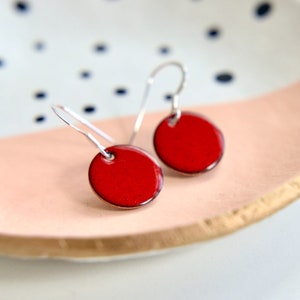 Ruby Red Earrings, vibrant poppy red enamelled dangle earrings