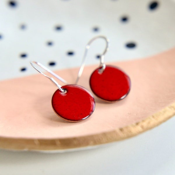 Ruby Red Earrings, vibrant poppy red enamelled dangle earrings