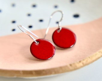 Ruby Red Enamel Earrings, Sterling Silver, vibrant Poppy Dangle Earrings