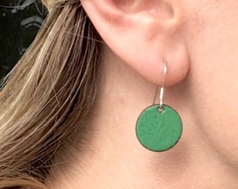 Green Round Earrings, disc earrings fired in an earthy green enamel with sterling silver hooks