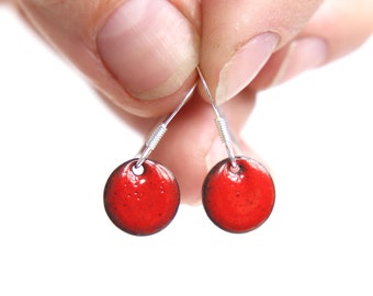 Cherry red earrings, bright red little round enamel earrings & sterling silver wires.  iamrachel jewelry gift for her