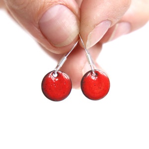 Cherry red earrings, bright red little round enamel earrings & sterling silver wires.  iamrachel jewelry gift for her