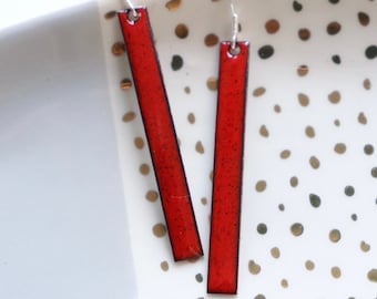 Long red drop earrings enamel on copper with sterling silver hooks