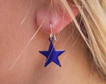 Blue star earrings enamel on copper