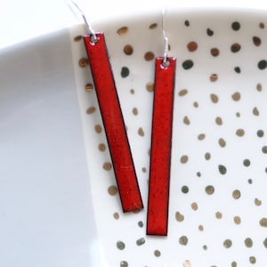 Long red drop earrings enamel on copper with sterling silver hooks