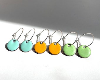 Enamel Discs on Silver Hoop Earrings