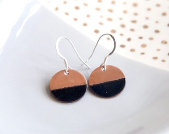 Black Copper Art Deco style enamel earrings, 7th wedding anniversary earrings gift