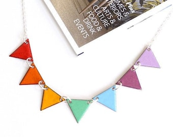 Rainbow bunting necklace, bright colourful enamel rainbow jewellery