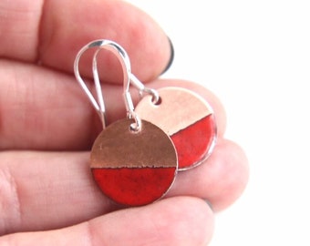 Red Enamel and copper disc earrings, 7th wedding anniversary gift for copper