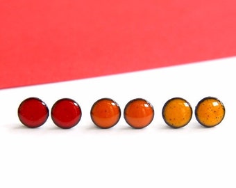 Mini studs, bright little enamel stud earrings in a range of fire colours, red, orange, yellow