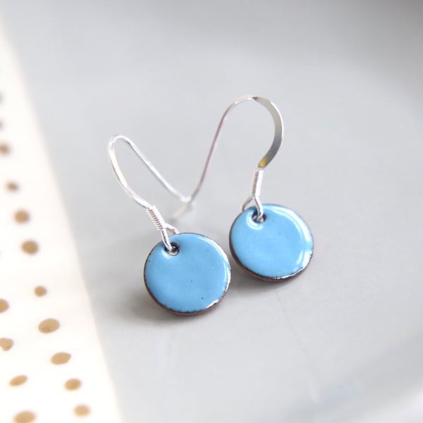 Sky Blue enamel earrings & sterling silver wires, iamrachel enamel little round baby blue jewelry gift