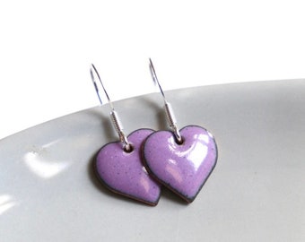 Lilac Enamel Love Heart Earrings, gift for her, valentines earrings