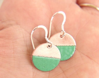 Copper wedding anniversary gift for her, Green & Copper round enamel earrings with Sterling Silver wires, art deco style jewellery