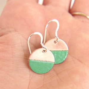 Copper wedding anniversary gift for her, Green & Copper round enamel earrings with Sterling Silver wires, art deco style jewellery