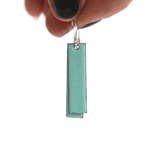 Dangley enamel earrings in a rectangle shape - mint green with sterling silver earring hooks