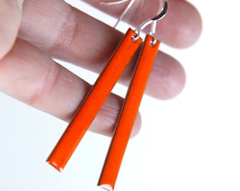 Long orange drop earrings bright orange enamel on copper with sterling silver hooks